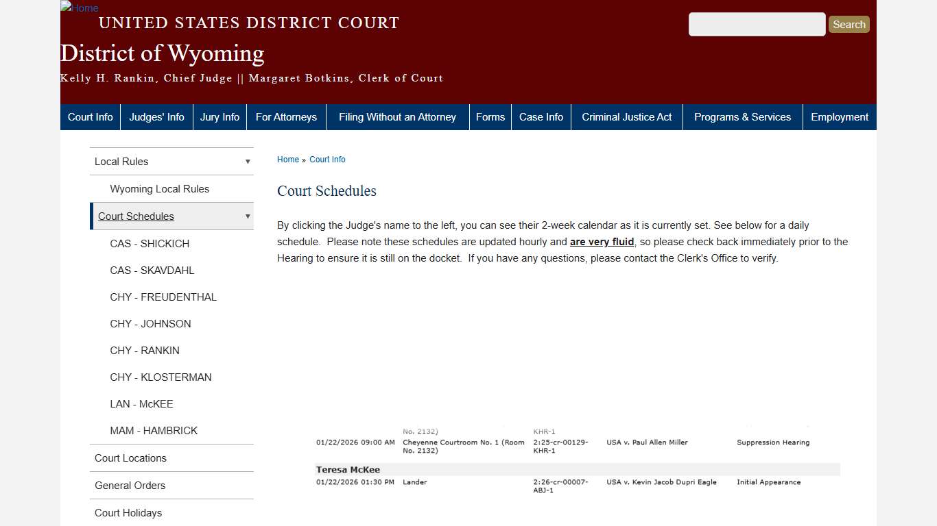 Court Schedules District of Wyoming United States District Court